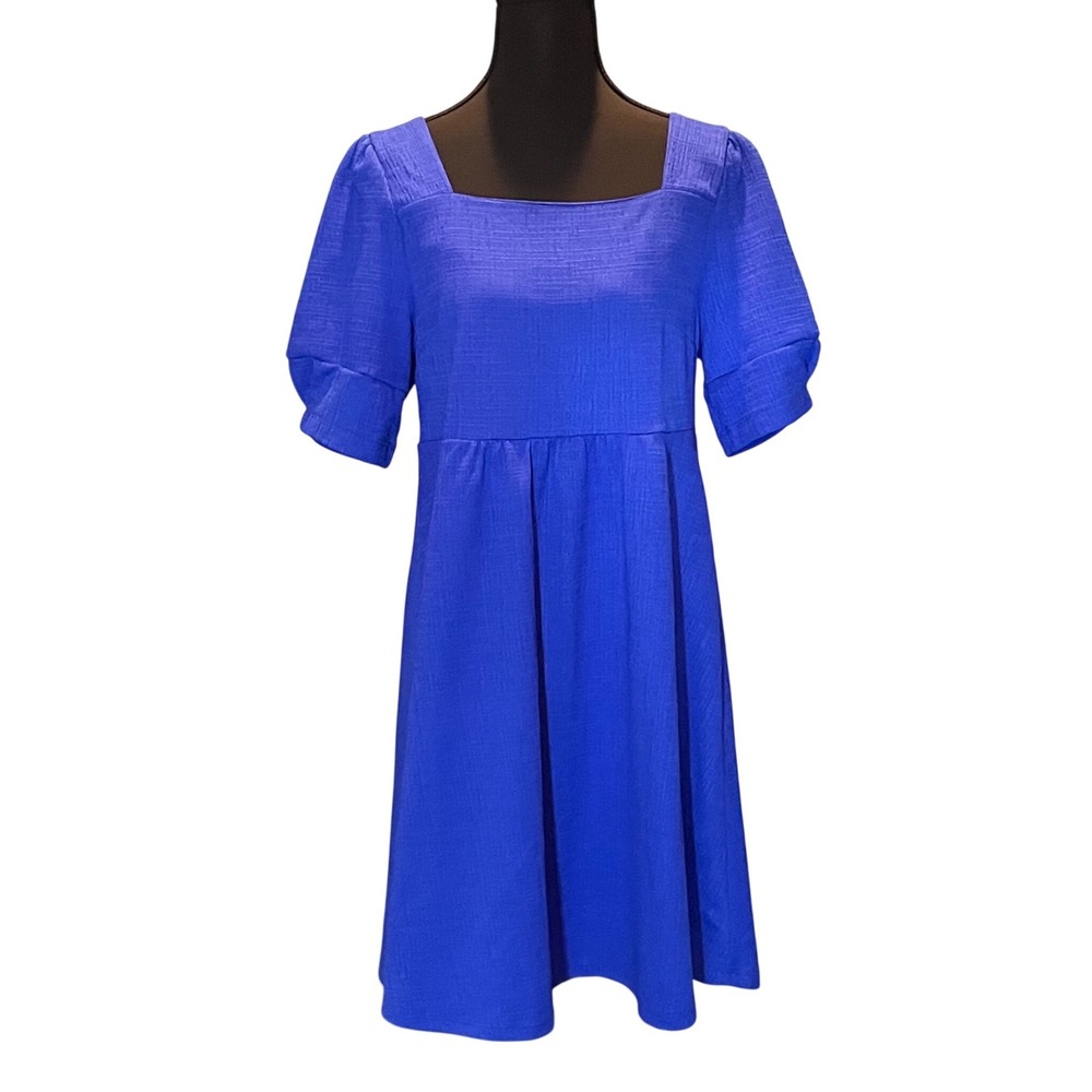 Royal Blue Textured Square Neck Puff Sleeve Empire Waist Dress M Babydoll
Party